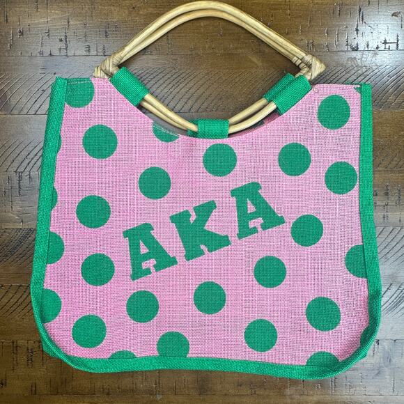 Greek Sorority Alpha Kappa Alpha Pola Dot Straw Tote AKA Picnic Bag Wood Handles - Picture 2 of 11